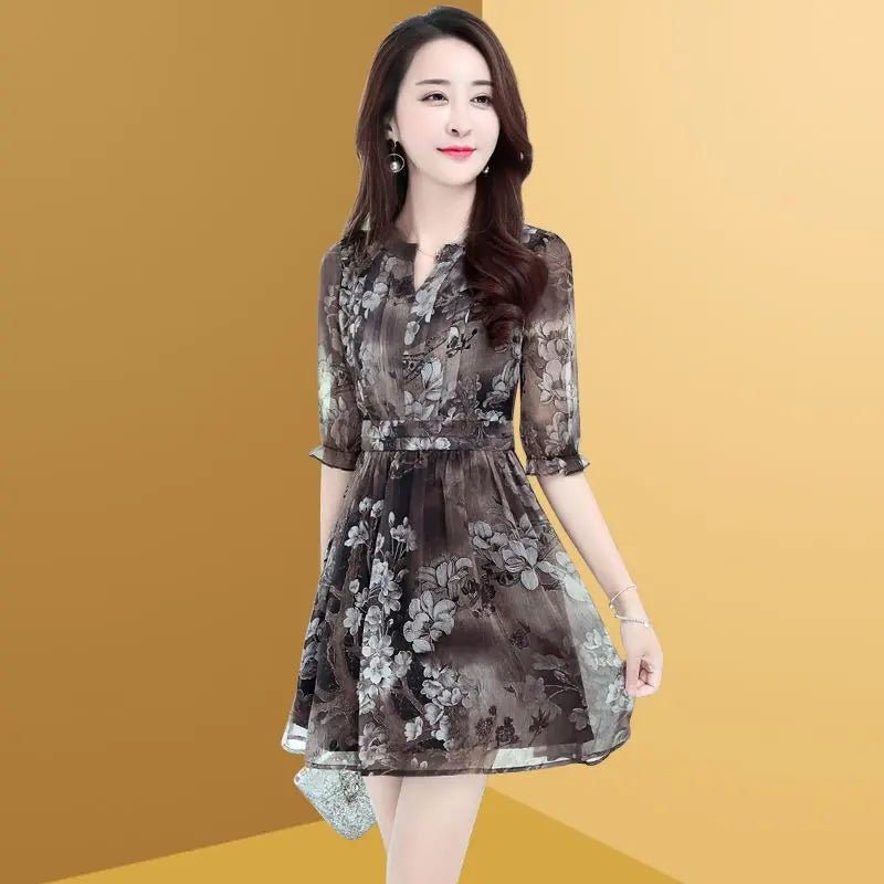 Elegant Printing Spliced Folds Chiffon Floral Dress Women Clothing 2024 Summer Loose Office Lady Butterfly Sleeve Mini Dress
