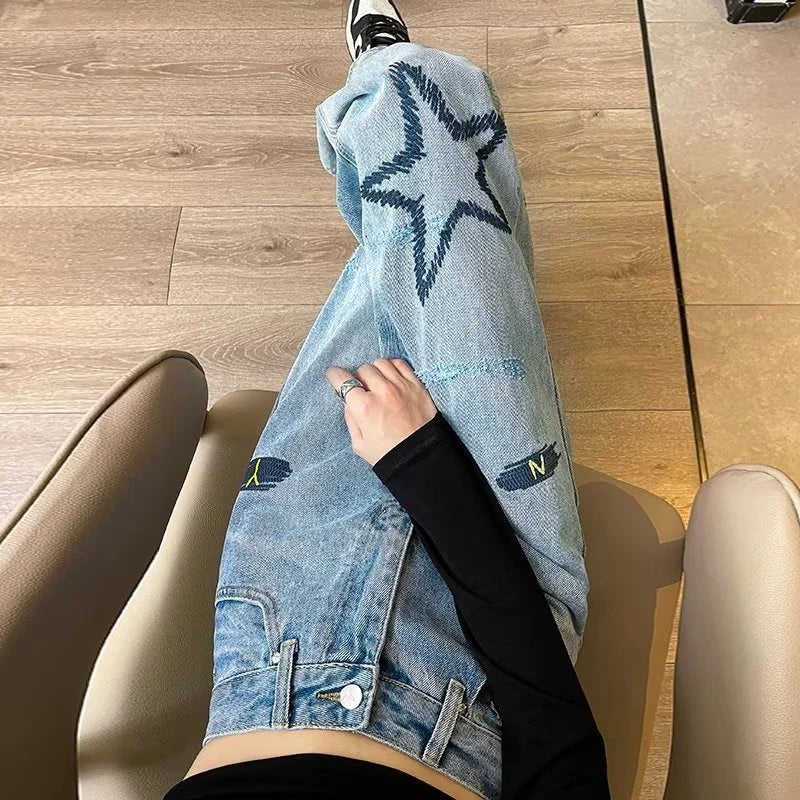 Y2K European and American women's light colored embroidered wide leg high waist straight leg loose mop jeans