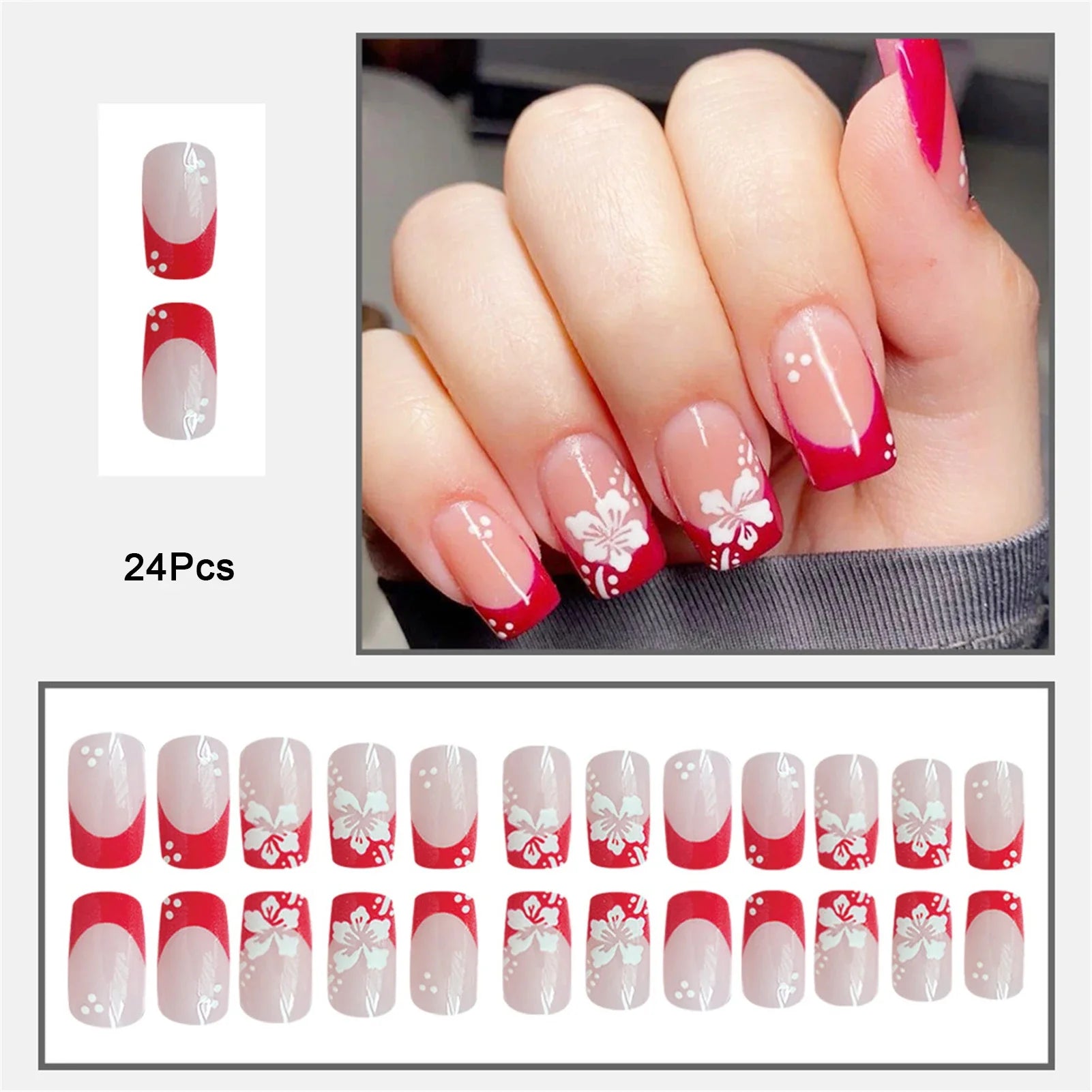 Red French Fake Nails 24Pcs Nude Color Square Head Press On Nails White Flower Printed Gentle Women Charm Manicure Nails Art