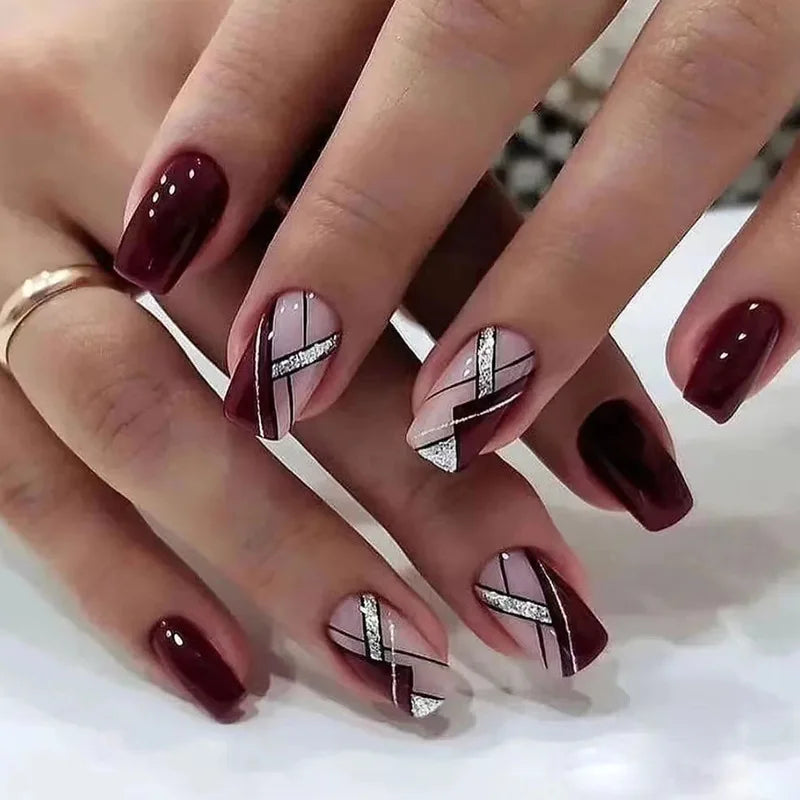 24Pcs Glitter Fake Nail Art with Sequin Design Mid-length Square Head False Nails Tips Retro Wine Red Wearable Press on Nails