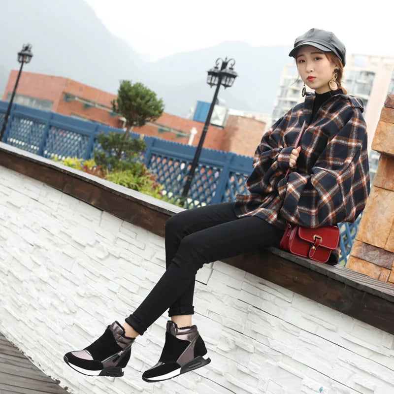 Snow Boots Women Autumn Winter Genuine Leather Warm Shoes Fashion Ladies High Top Sneakers Height Increasing 3cm