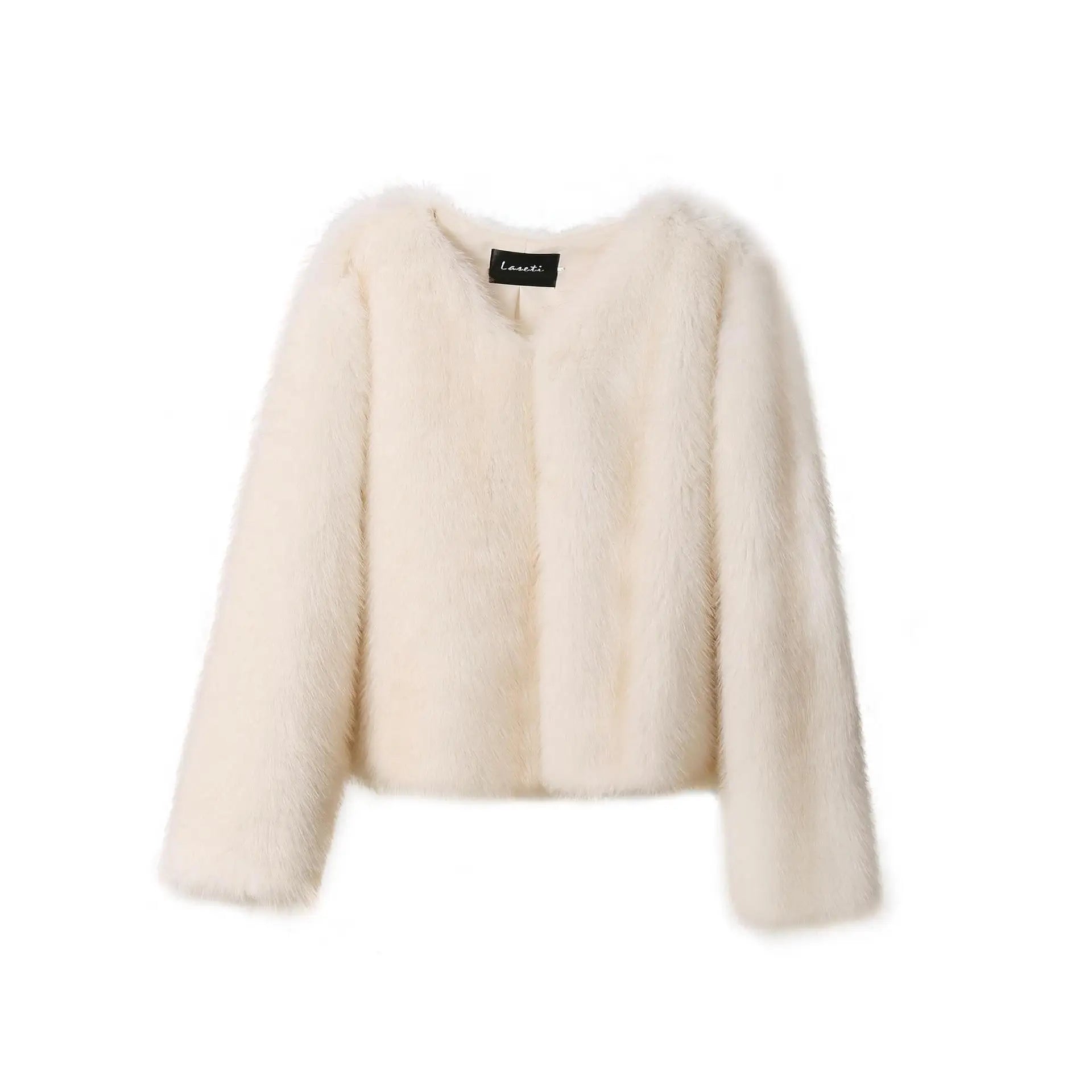 Short Faux Fur Coats Women Plush Autumn Winter O-neck Open Stitch Loose Women's Coat Long Sleeve Casual Jacket Female Streetwear white