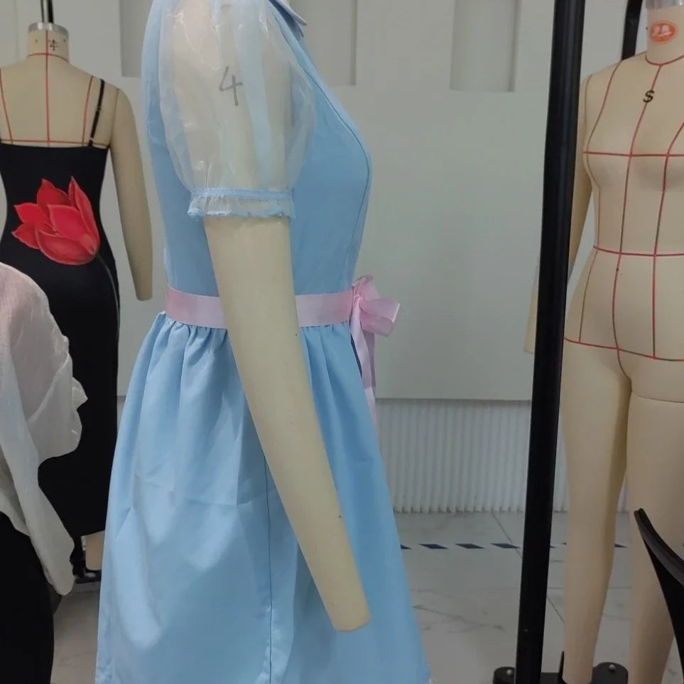 Halloween Women Summer Mini Sweet Dress Short Sheer Mesh Sleeve Doll Collar Dress with Belt Y2K Vintage Festival Clothes