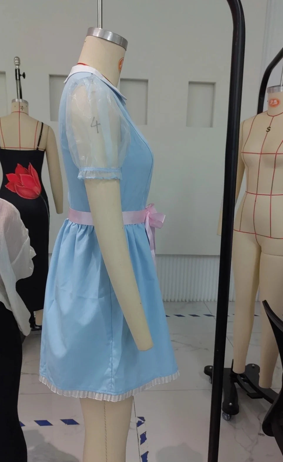 Halloween Women Summer Mini Sweet Dress Short Sheer Mesh Sleeve Doll Collar Dress with Belt Y2K Vintage Festival Clothes