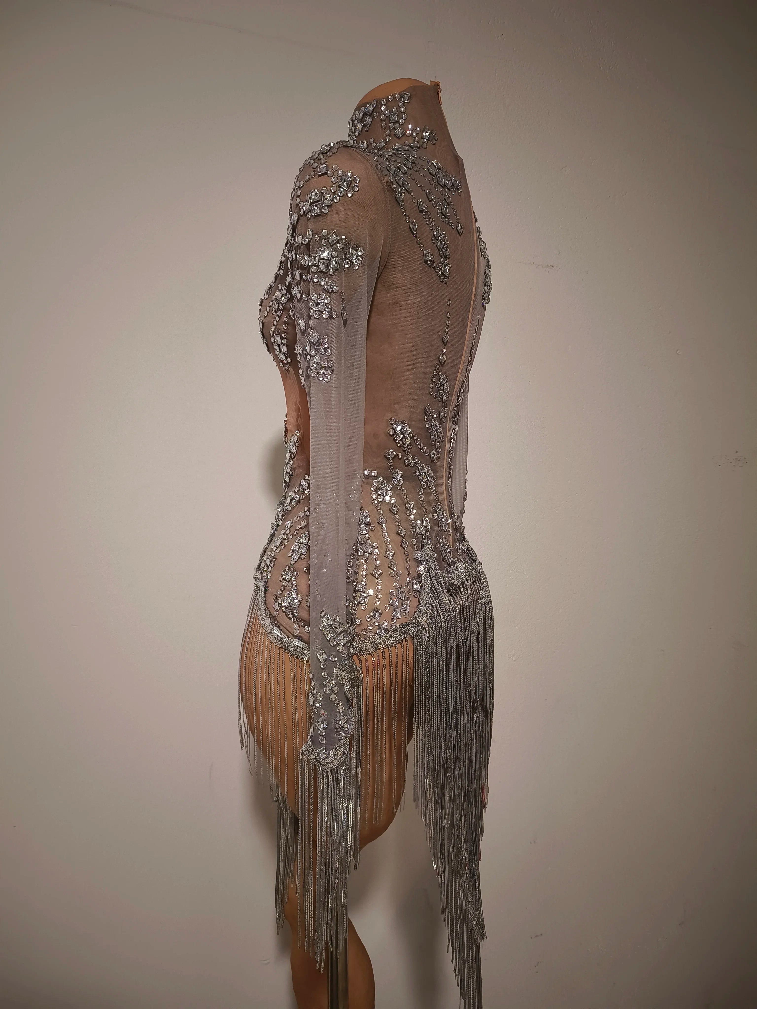 Women Sexy Mesh Silver Gray Crystal Stretchy Night Club Singer Dancer Tassel Dancer tage Costume Mini Party Dress