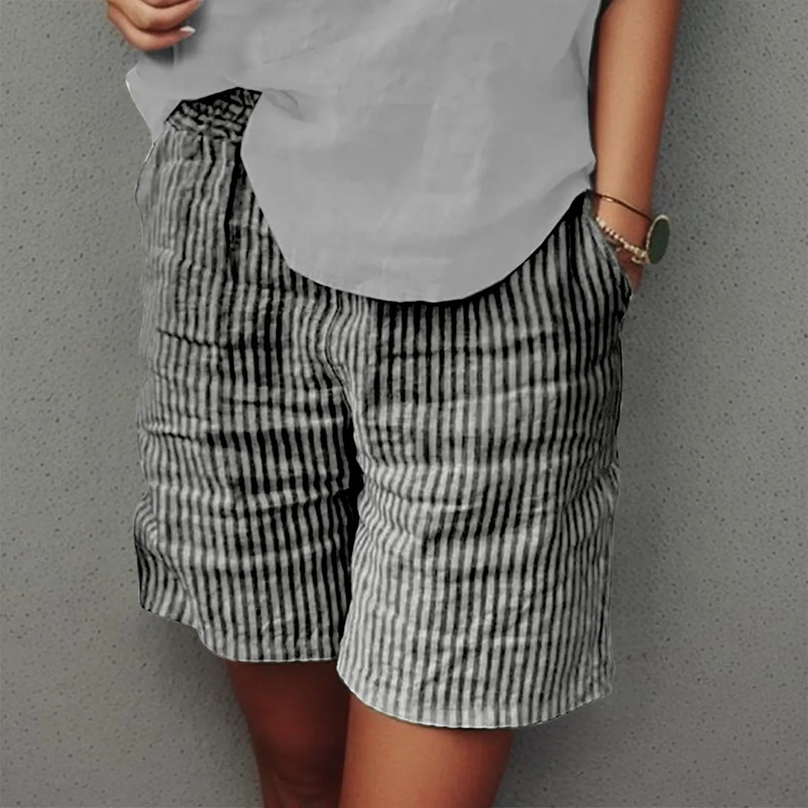 Vintage Striped Shorts Women Classic Cotton Linen Trunks Double Pocket Shorts Summer Hawaiian Beach Vacation Shorts Casual Wear White CN