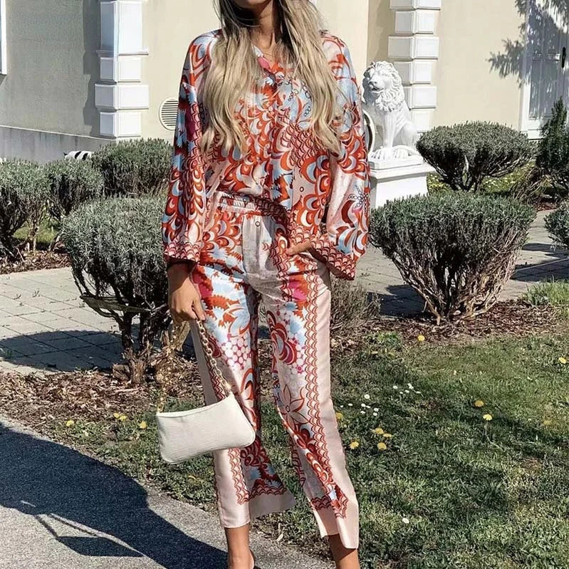 TRAF Woman Print Shirt Suit 2023 Spring Fashion Elegant Ladies Pants Set Lady Vinatge Beach Suits Two Pieces Sets