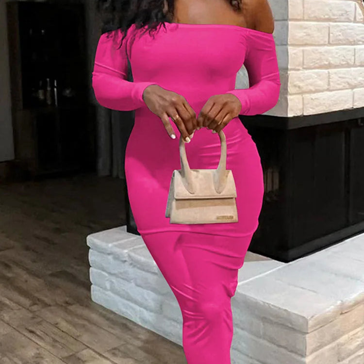 Sexy Off the Shoulder Slash Neck Party Dress Women Clothing Night Club Backless Ruched Bodycon Dresses Long Sleeves Vestidos Rose Red