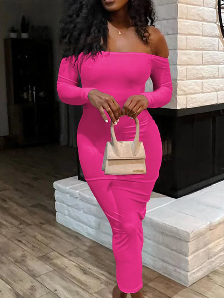Sexy Off the Shoulder Slash Neck Party Dress Women Clothing Night Club Backless Ruched Bodycon Dresses Long Sleeves Vestidos Rose Red