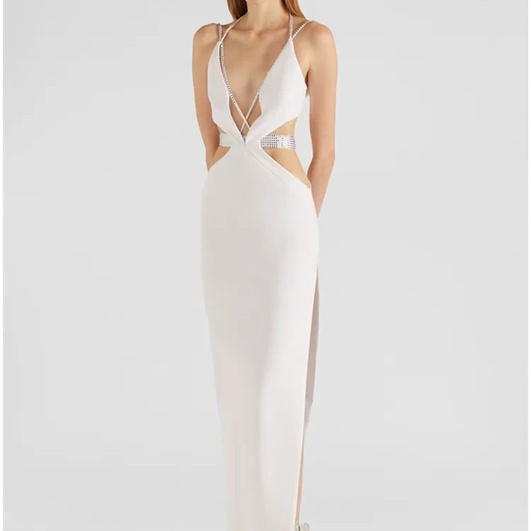 Women Luxury Sexy V Neck Cut Out Diamonds Crystal White Maxi Long Bandage Dress Celebrity Elegant Evening Party Club Dress