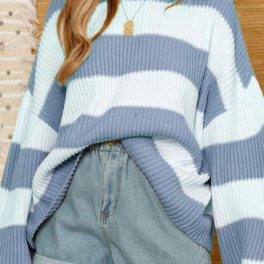 Women Stripe Print Cable Knit Round-Neck Long Sleeve Sweaters Fall Winter Loose Sweater Thick Cozy Chunky Knitwear