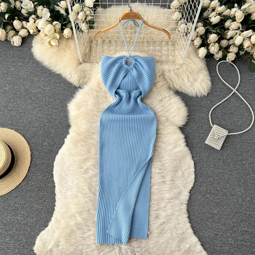 Chic Fashion Sexy Package Hips Split Knitted Summer Dress Women Slim Elastic Bodycon Party Dress Streetwear Outfits Blue One Size