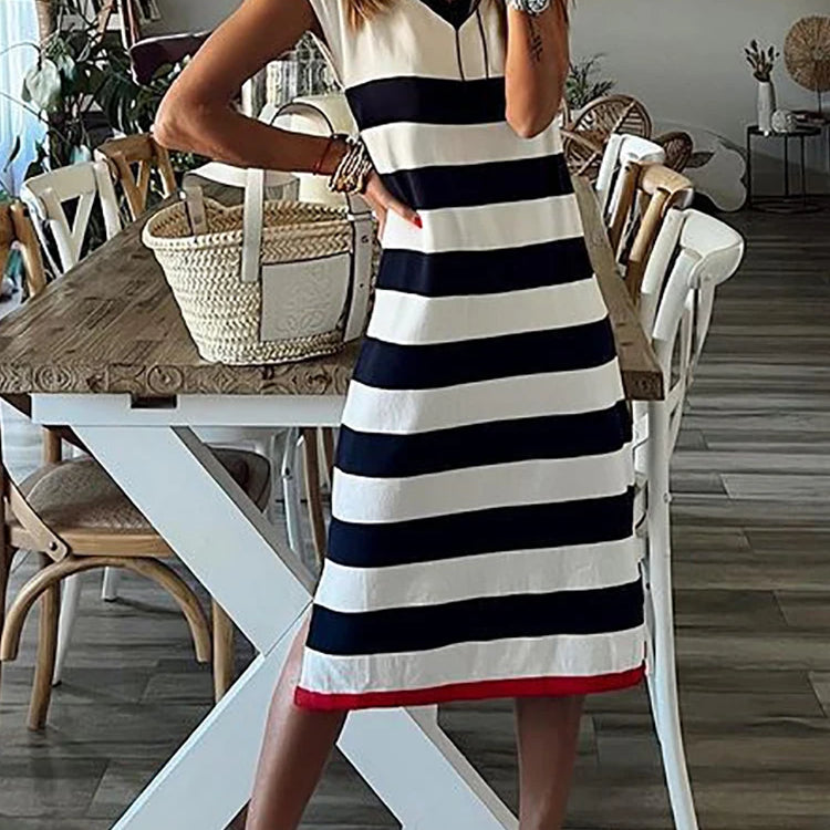 Women Elegant Striped Printing Sleeveless Party Dress Office Lady V Neck Shirt Dress Casual Female Loose Mid Dress Vestidos 2023