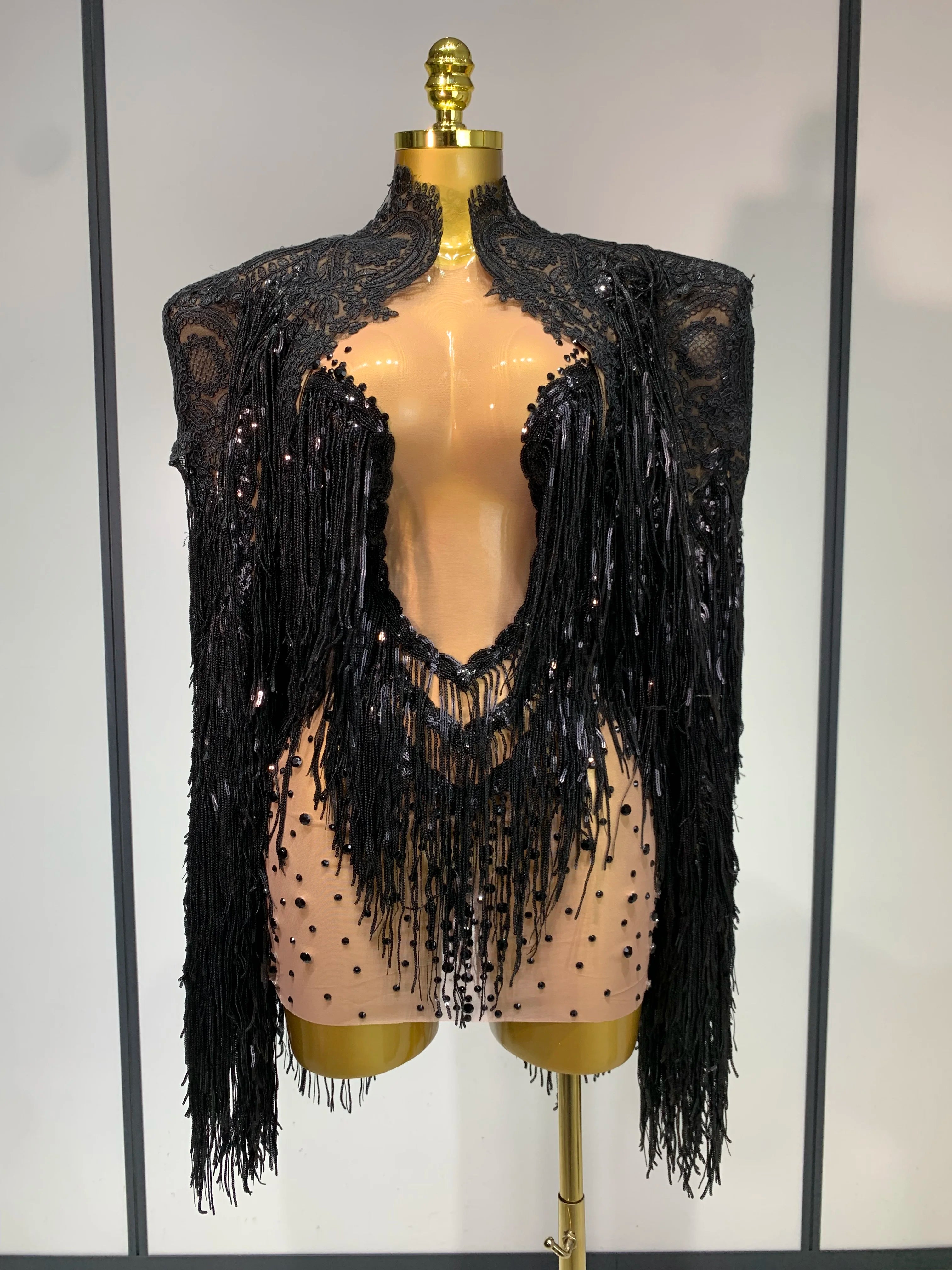 High Quality Rhinestones Tassels Mini Dress Suit Luxury Women Sexy See Through Mesh Party Club Dresses Performance Stage Outfit