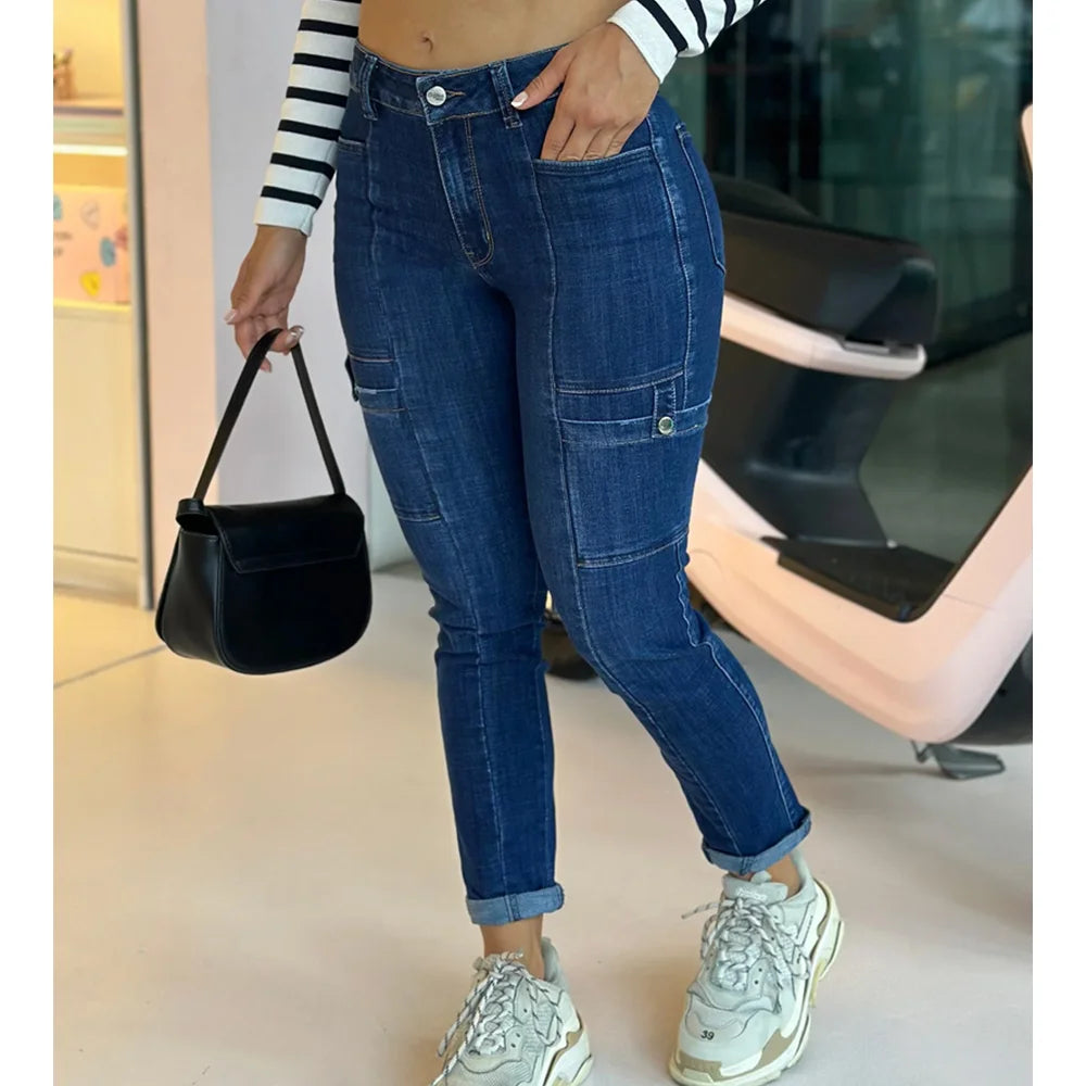 Women's Skinny Jeans Autumn Winter Streetwear Blue Pants Fashion Design Pencil Denim Trousers Push Up Slim Fit Y2k Female