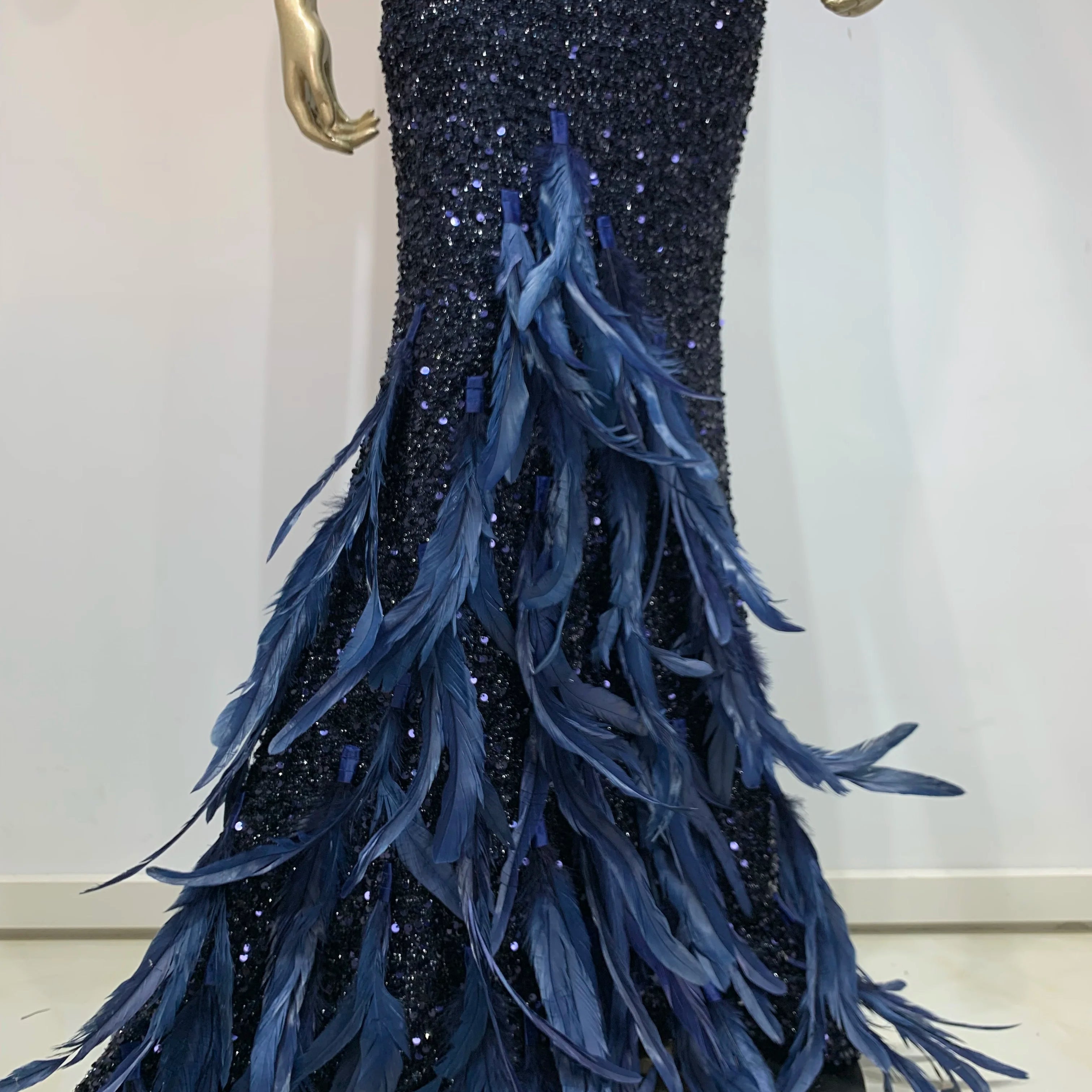Women Summer Sexy V Neck Mesh Sequins Blue Feather Maxi Long Dress 2024 Elegant Party Evening Stage Performance Dress Vestido