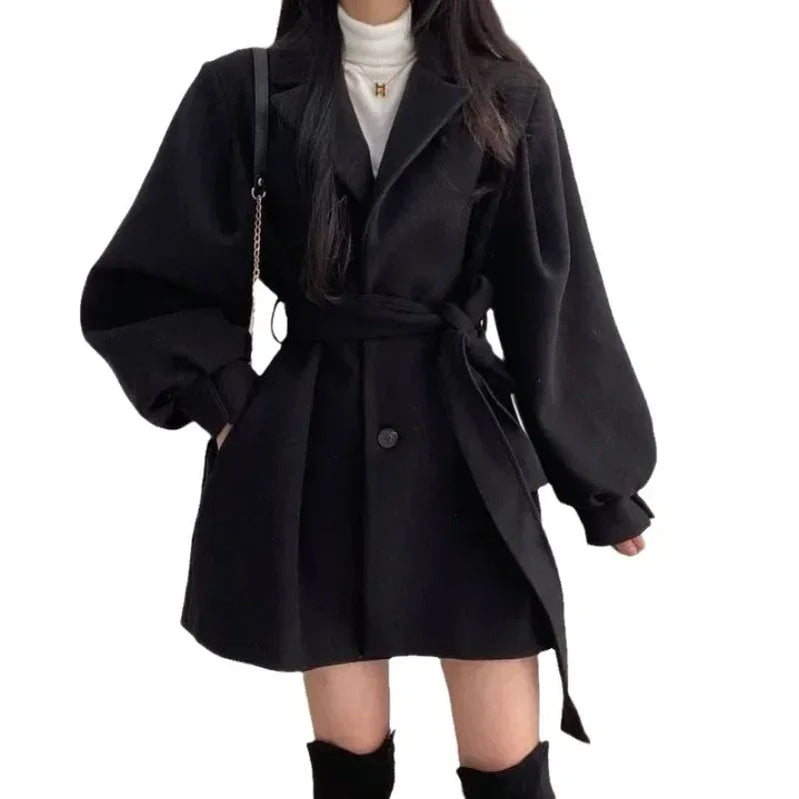 Autumn Winter Women's Thick Woolen Winter Coat Ladies Mid Length Tailored Collar Waist Band Outerwear Female Casual Clothes