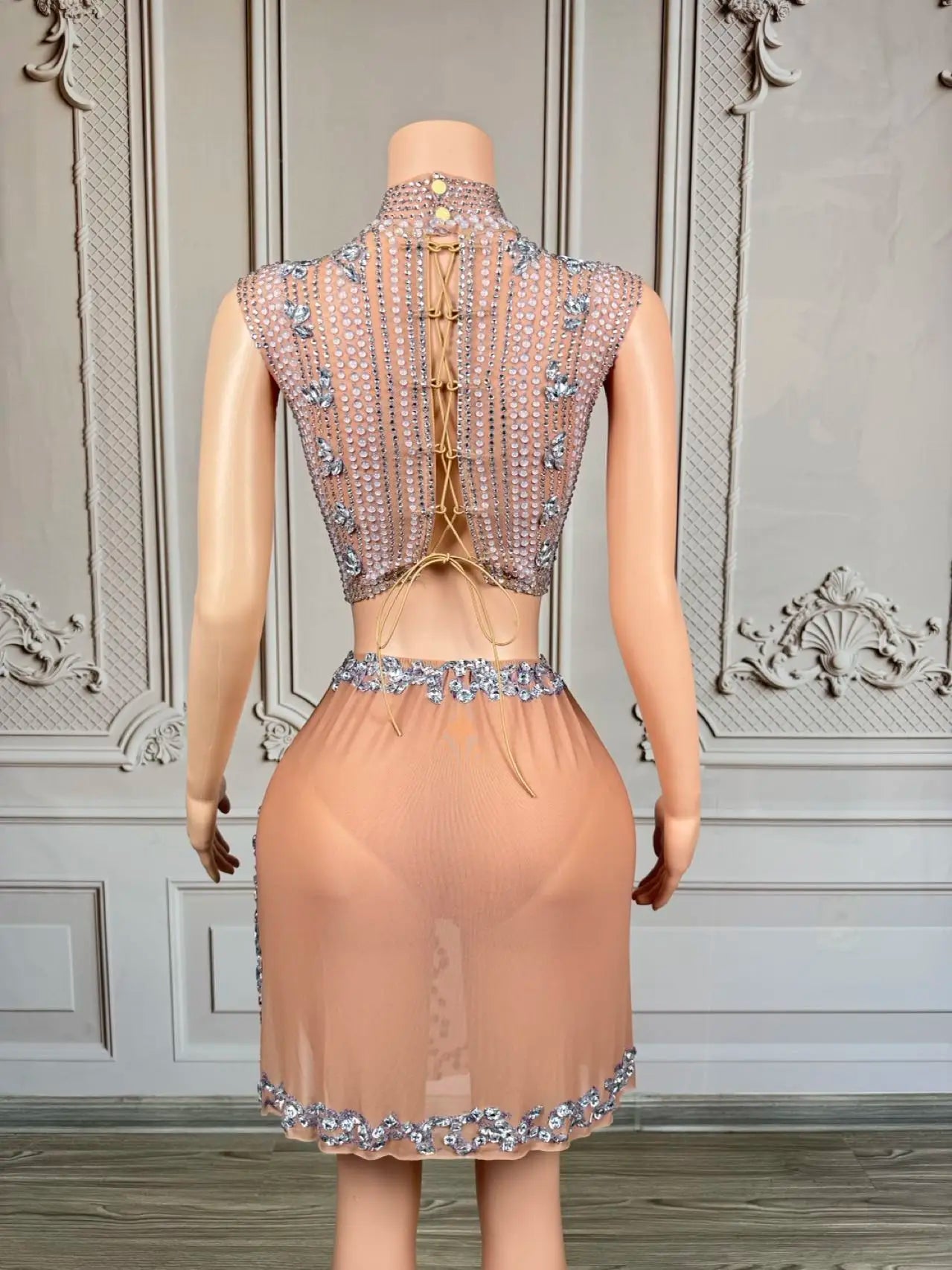 Sparkly Rhinestone Crop Tops Mini Skirt 2Pieces Set Festival Party Mesh Outfit Side Slits Bodysuit Event Dance Sexy Wear Luzhu