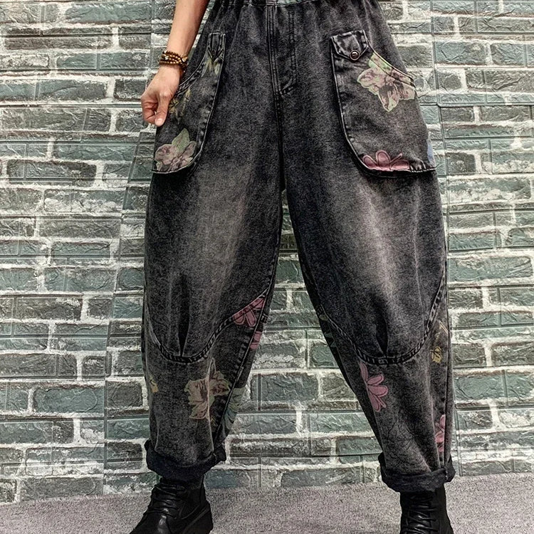 Spring Womens Fashion Jeans Ladies Loose Vintage Printed Denim Pants Females Classic Casual Floral Harem Trousers