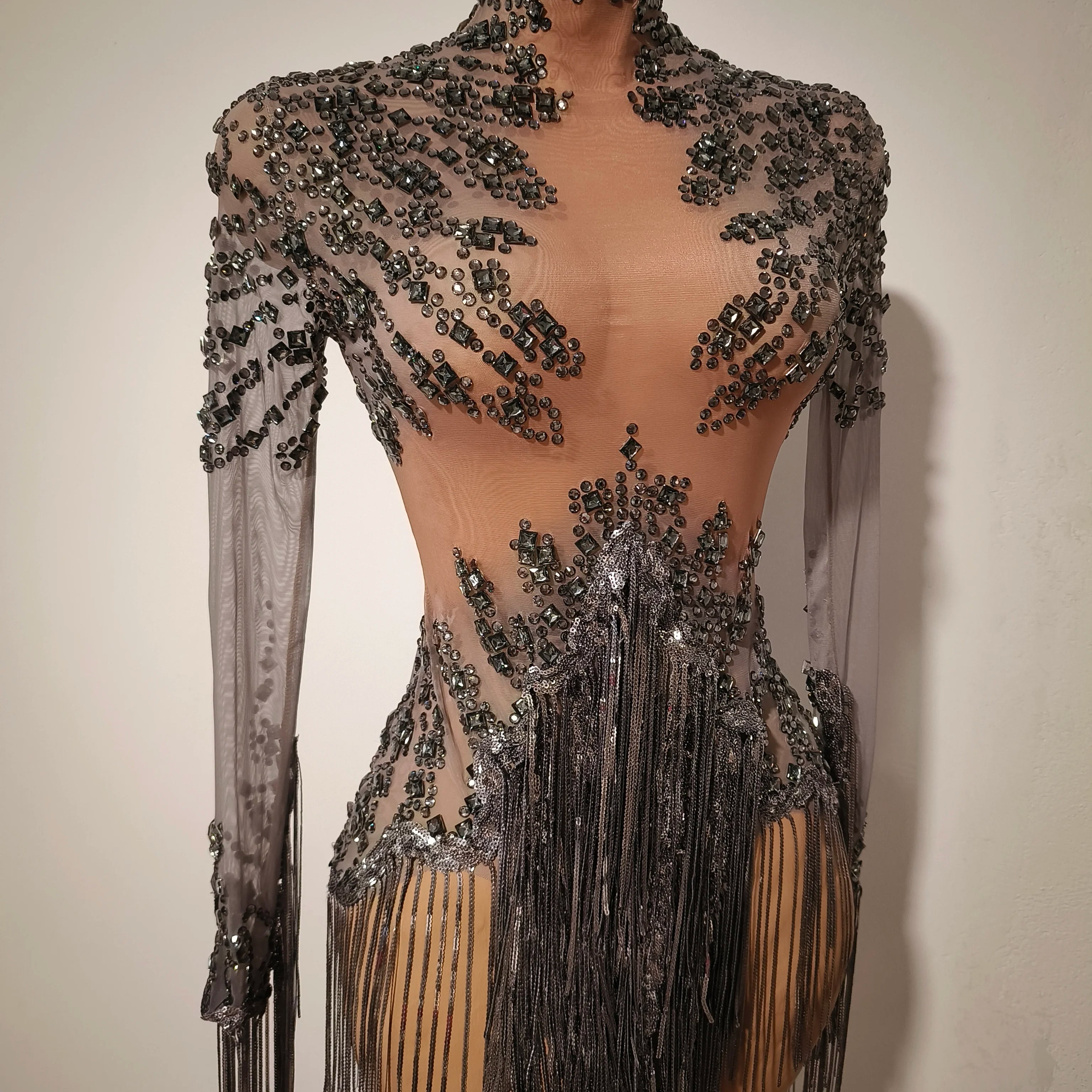 Women Sexy Gray Silver Tassel Crystal Diamonds Stretchy Night Club See Through Singer Dancer Stage Costume Party Bodysuit