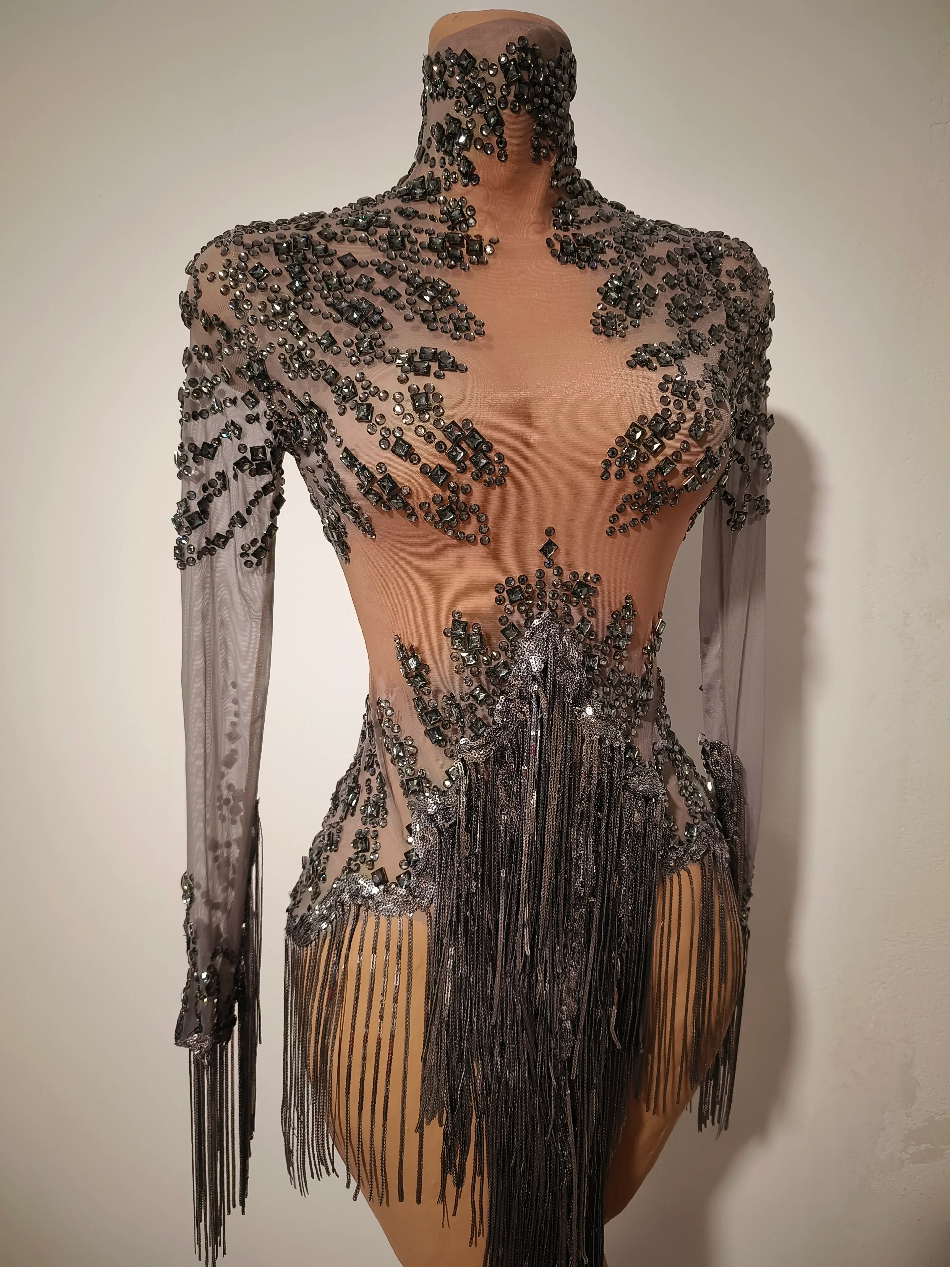 Women Sexy Gray Silver Tassel Crystal Diamonds Stretchy Night Club See Through Singer Dancer Stage Costume Party Bodysuit