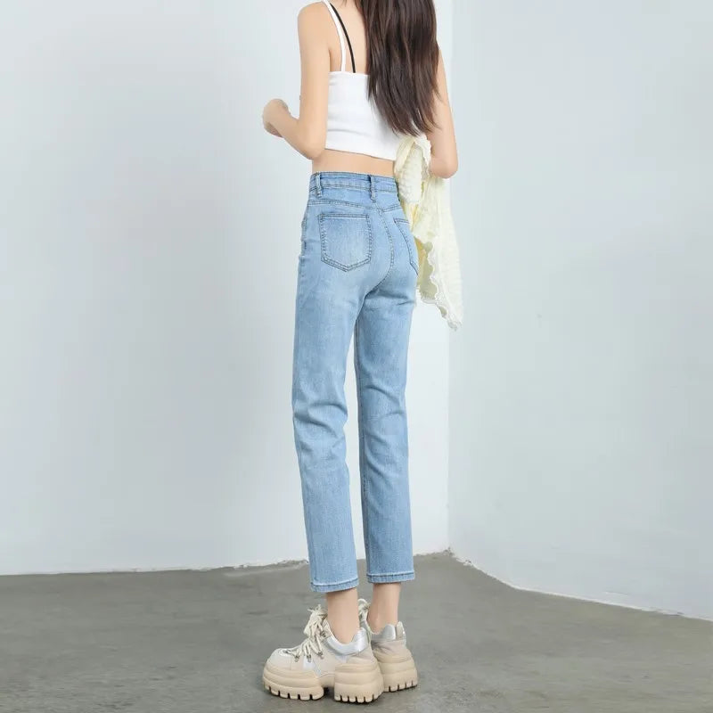 Straight Slim Fit Denim Jeans For Women High Waist French Elastic Classic Sweet Girl Design Long Pants