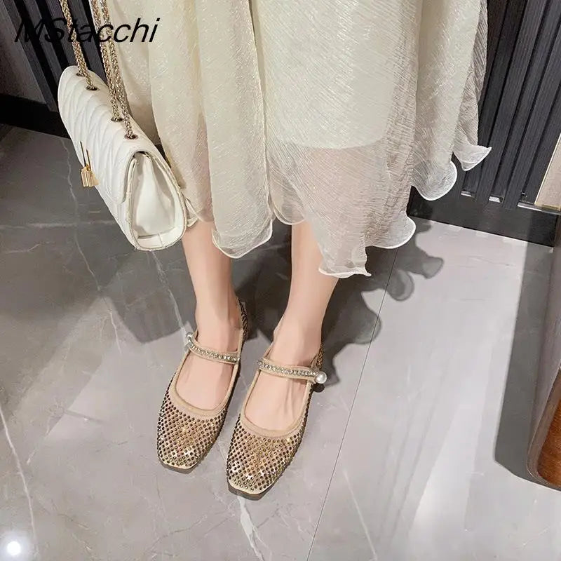 Sapatos baixos de malha com cristais e pérolas, bico quadrado, sapatos femininos luxuosos para escritório, tamanho grande, sapatos Mary Jane, primavera 2025, sapatos individuais