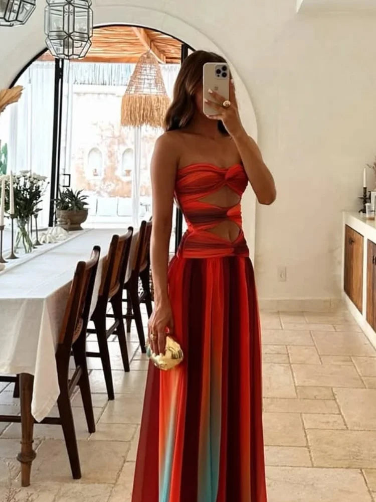 Chic Tie-dye Gradient Women's Dress Fashion Hollow Out Pleated Sling A-line Maxi Dresses New Summer Lady Holiday Beach Robe 2025