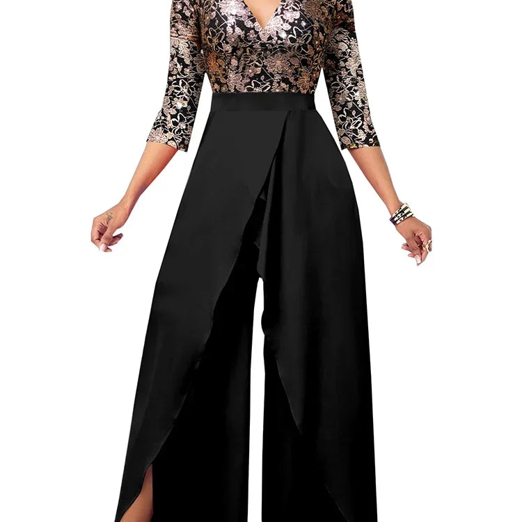 Sets Outifits 2023 Gilded Floral V-neck Loose Fitting Jumpsuit of One Fashion Casual Pieces for Women Elegant Female