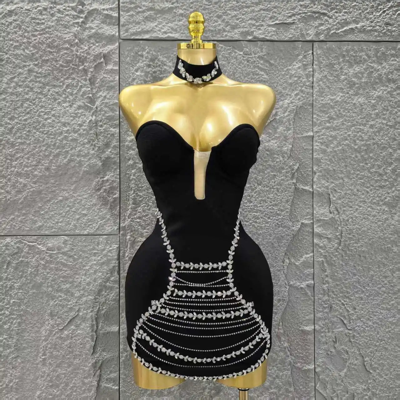 Vestido curto preto sexy sem alças brilhante, bodycon, mini vestido bandage, colar, moda festa noturna
