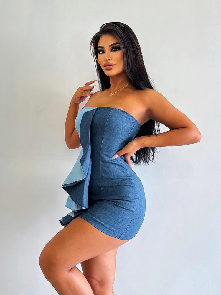 WannaThis Ruffle Faux Denim Strapless Dress Women Elegant Sleeveless Wrap Hip Mini Dresses Summer Backless Bodycon Party Dress