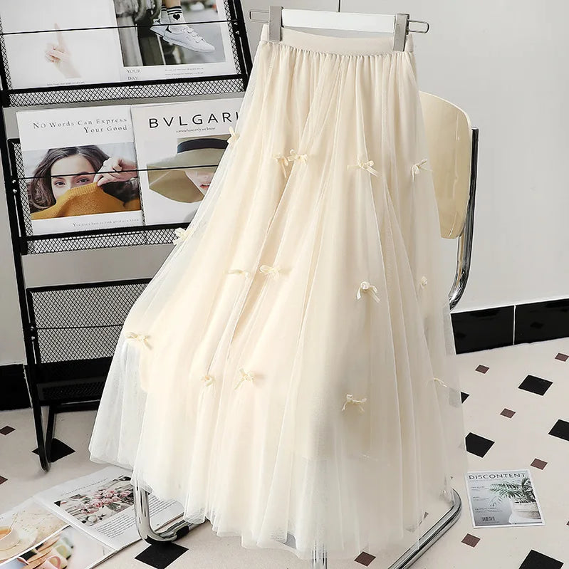 Women's Korean Fashion Harajuku Long Gauze Skirt Spring Summer High Waist Midi Maxi Tulle Skirt Aesthetic Vintage Y2k Skirt White