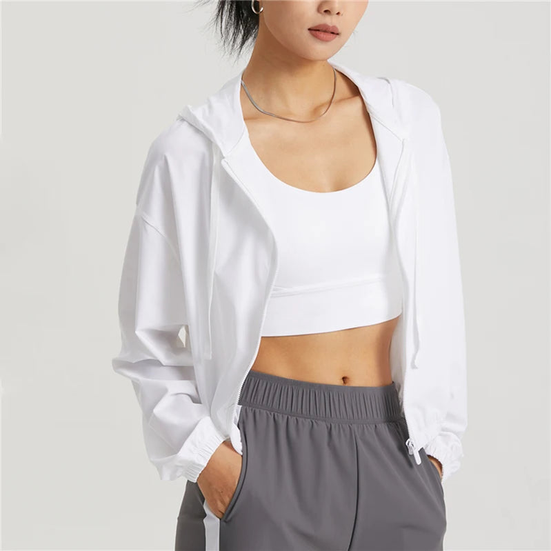 Summer Style Sun-proof Sports Jacket Long Sleeve With Hat Causal Wear Skin Friendly Breathe Freely Women Tops White