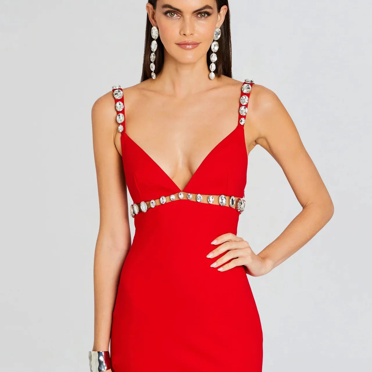 Red Black Color Women Sleeveless Sexy V-Neck Bodycon Mini Bandage Dress Crystal Nightclub Party Birthday Celebrate Dress Vestido