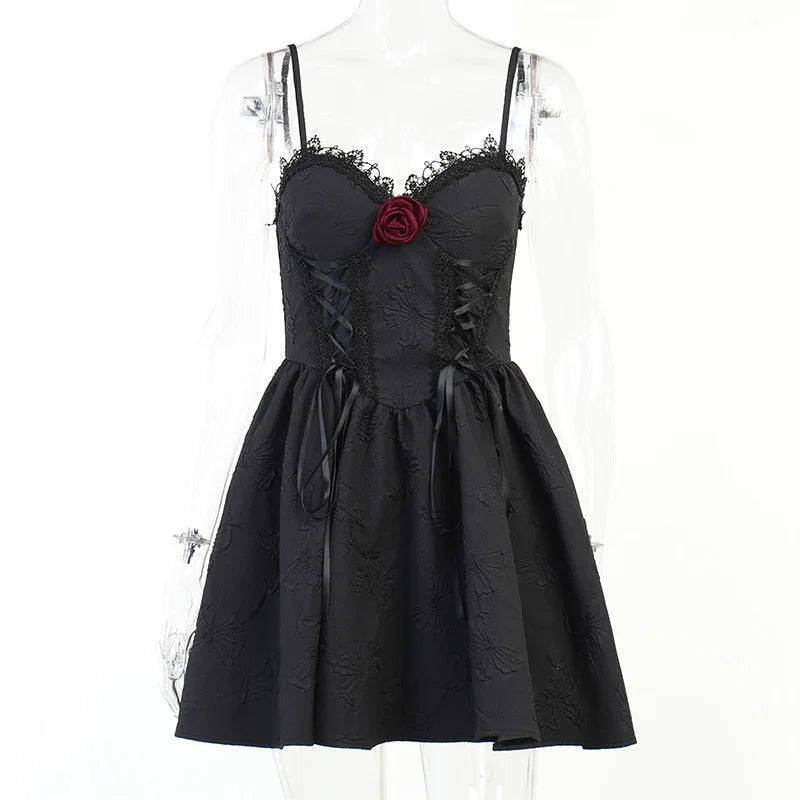 Goth Dark Tie Up Mall Gothic Elegant Women Dresses Grunge Aesthetic Jacquard A-Line Dress Emo Lace Trim Black Party Alt Clothes
