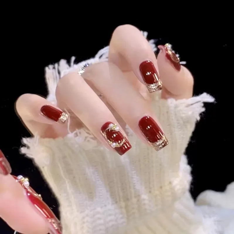 24Pcs Red Fake Nails with 3D White Flower Design Mid Length Coffin Press on Nails Wearable Korean Sweet Flower False Nails