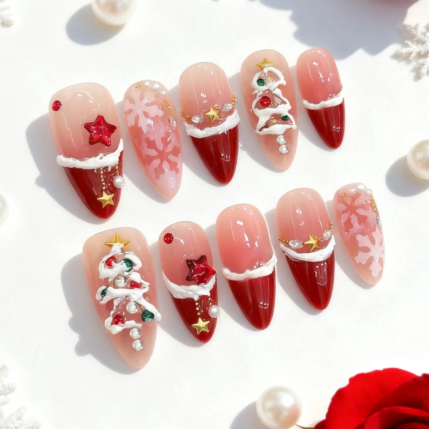 24pcs Christmas Red False Nails Flower Bow Stick on Nail Gilded Snowflake Design Long Almond Fake Nail Wearable Press on Nails