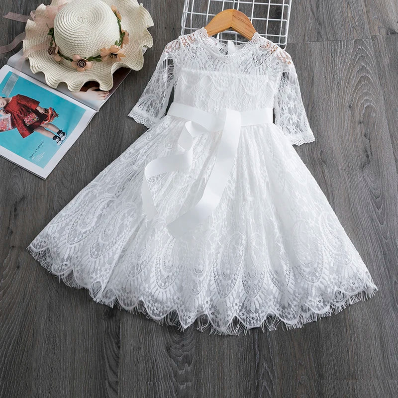 Elegant Flower Girls Dress Wedding Party Princess Dress Casual Kids Clothes Lace Long Sleeves Dress Children's Vestidos For 3-8T white 481