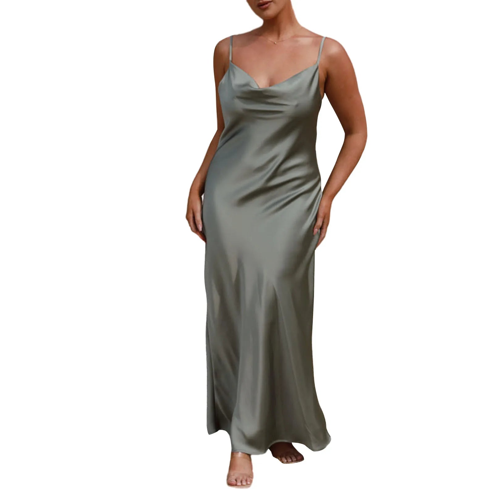 Women Long Bodycon Dress Solid Color Spaghetti Strap Cowl Neck Sleeveless Dress Summer Backless Cami Dress '-G-