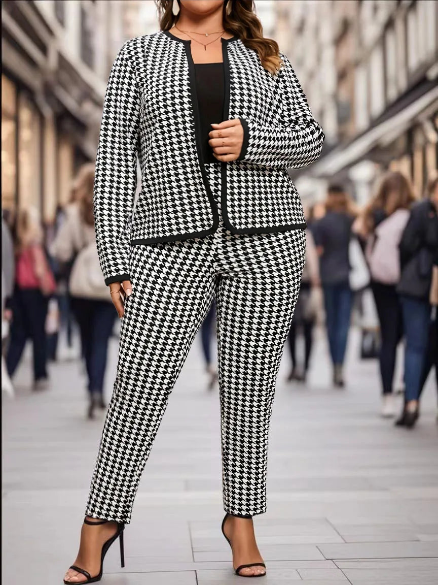 Large size directional elegant and fashionable houndstooth round neck women's long pants set, casual and versatile spring and au