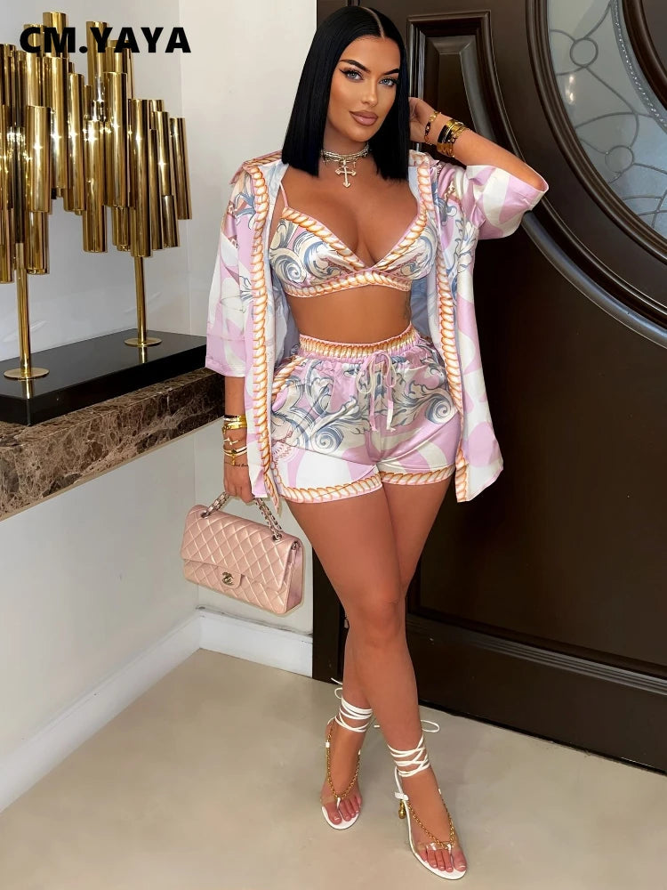 CM.YAYA Paisley Printed Women's Set Three Quarter Sleeve Blouse + Bra Top and Shorts 2025 Beach 3- Piece Sets Outfit Tracksuits
