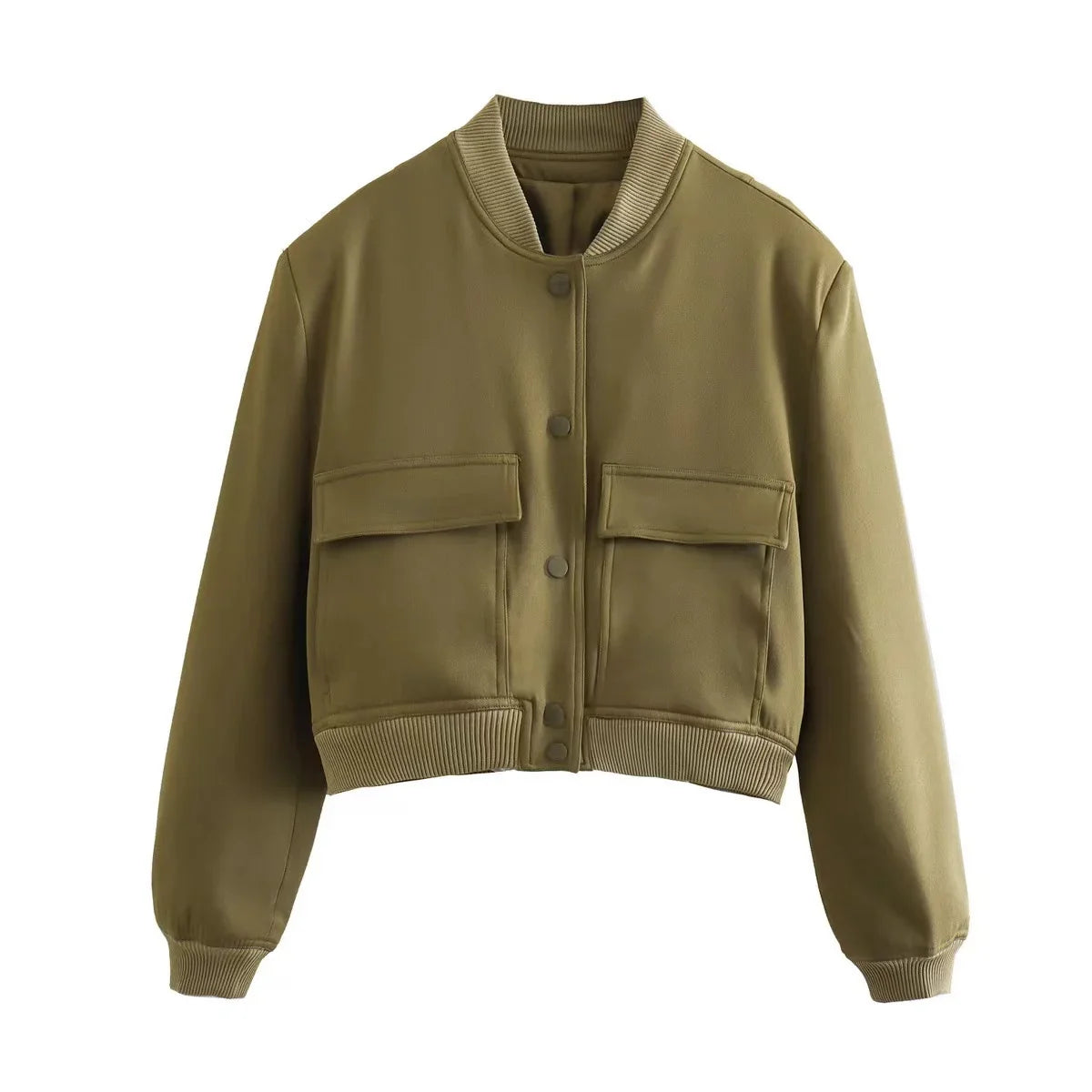 Woman Bomber Jacket Coat White Autumn Winter Button Baseball Aviator Cropped Jackets For Women Long Sleeve Crop Outerwear Military Green JK156