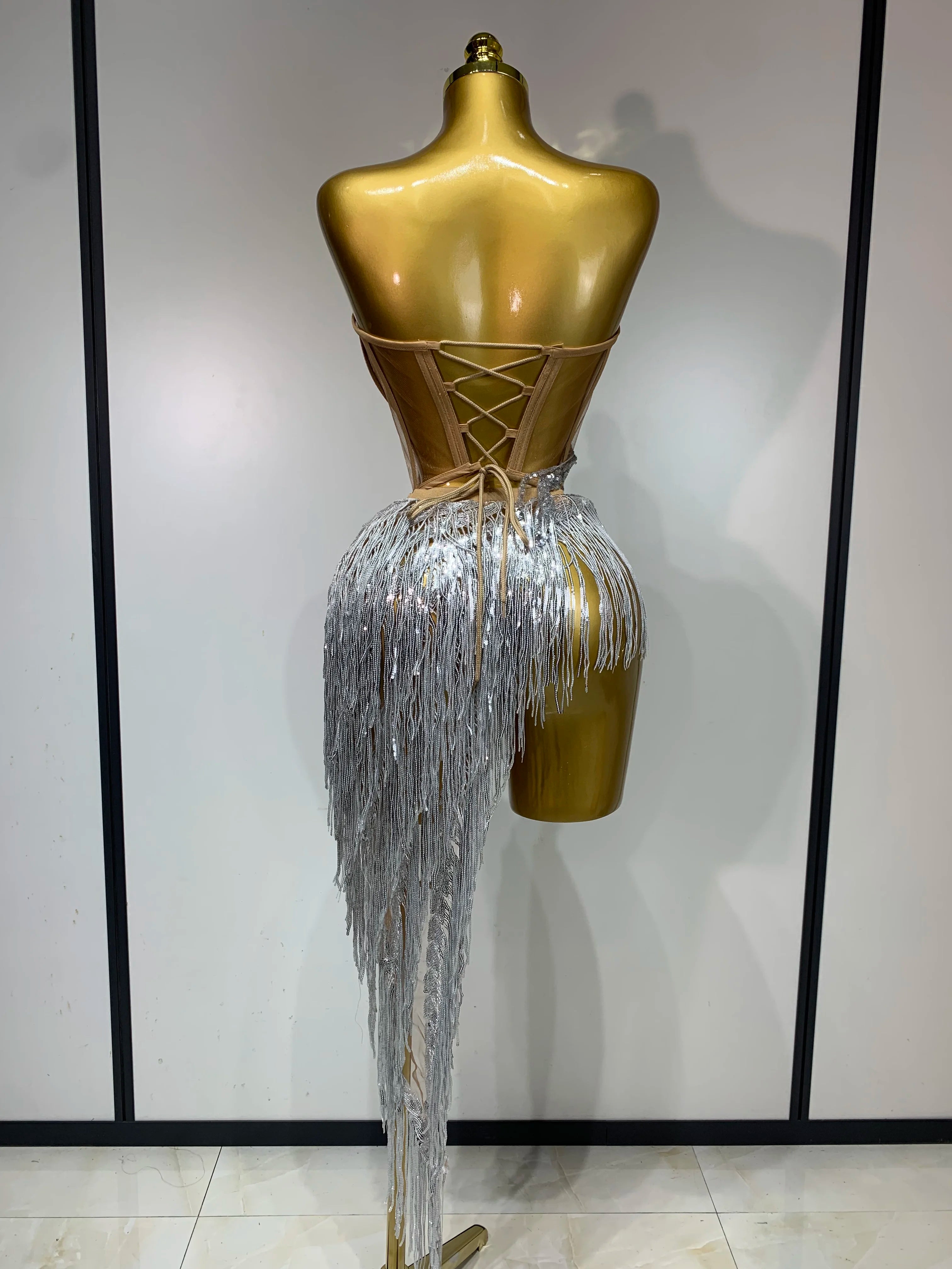 Women Sexy Singer Dancer Performan Costume Nightclub Bar Girl Sparkly Diamond Tassel Two Piece Set Evening Party Outfit