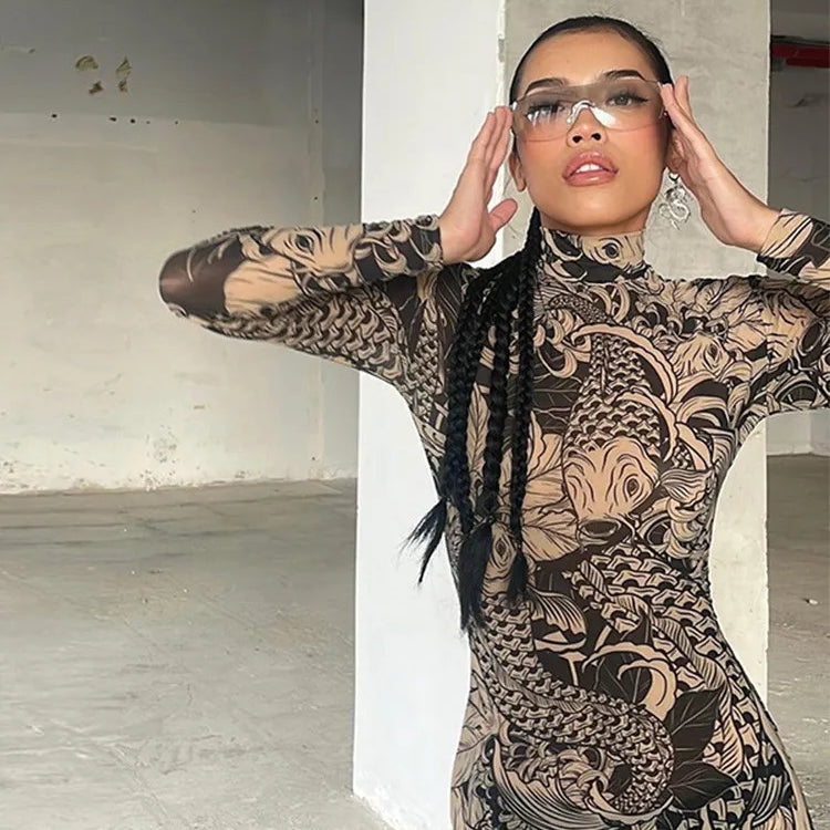 Women Autumn Winter Long Sleeve Mesh See Through Streetwear Bodycon Long Dress