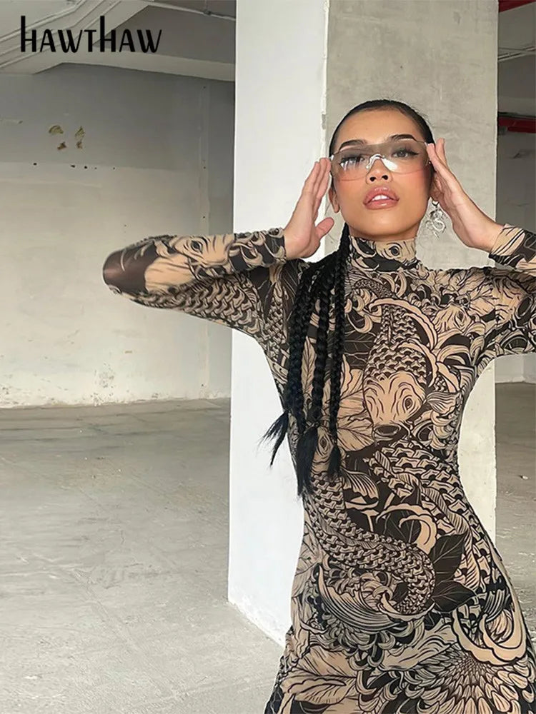 Women Autumn Winter Long Sleeve Mesh See Through Streetwear Bodycon Long Dress