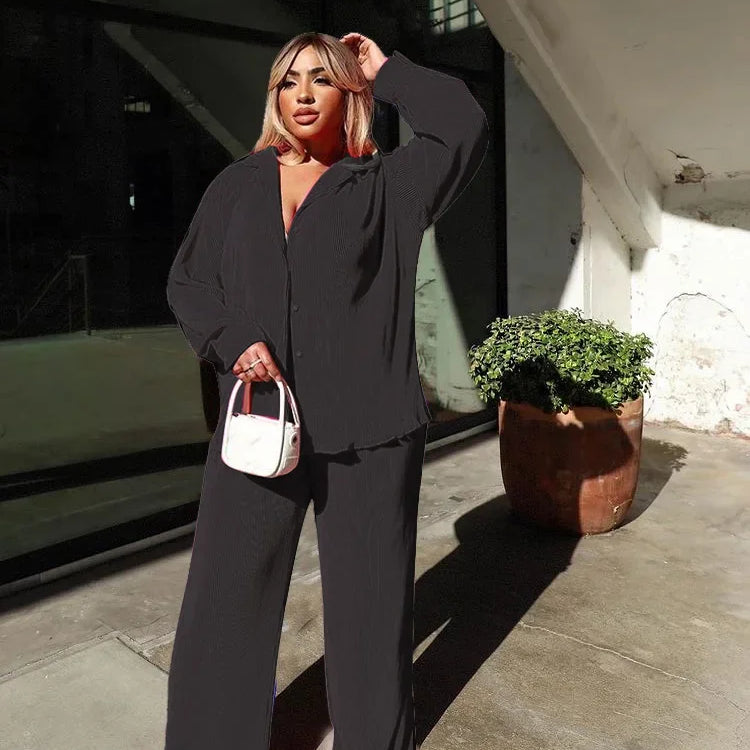 CM.YAYA Pleated Solid Women Set Long Sleeve Shirts and Straight Wide Leg Pants Suits Tracksuit Two Piece Set Fitness Outfits