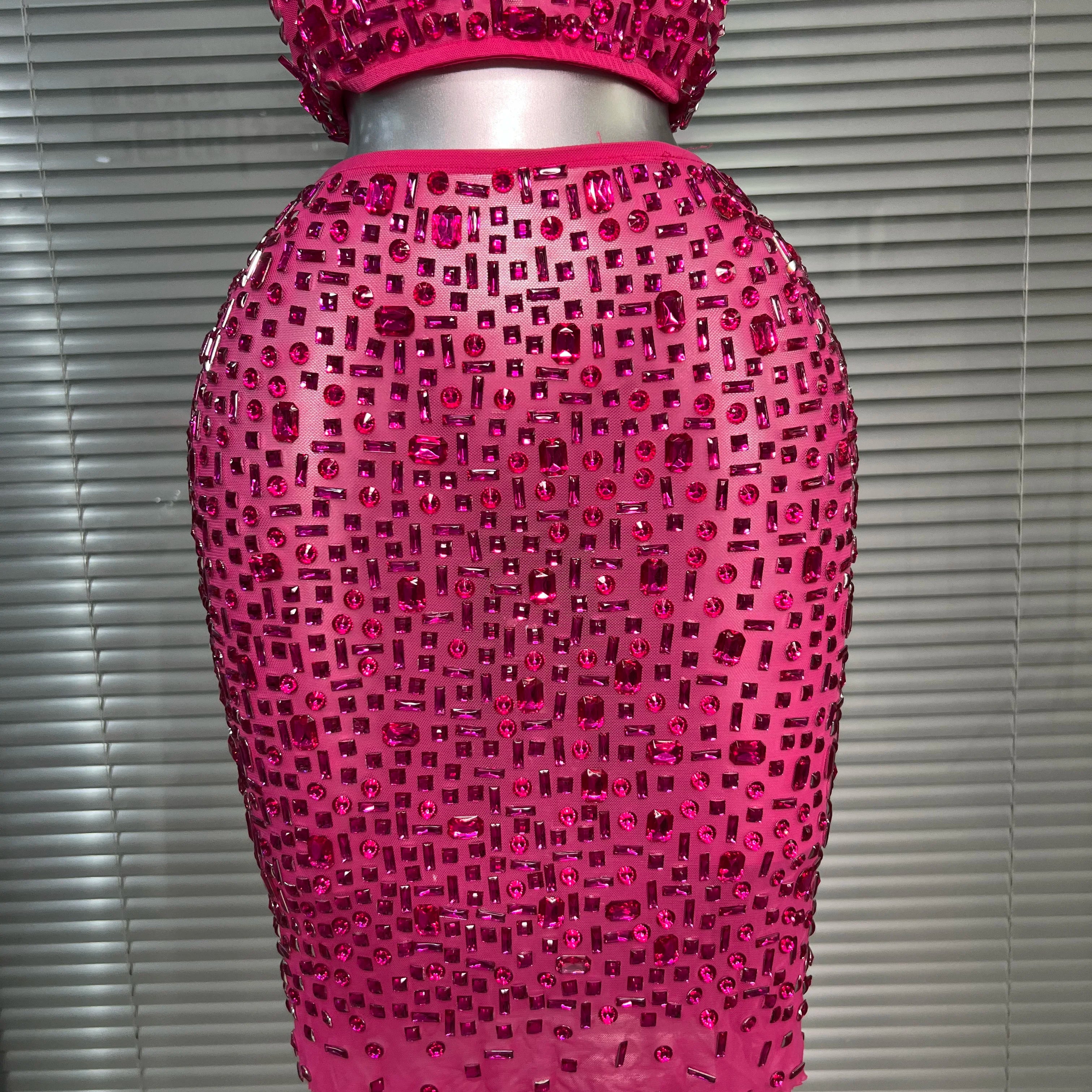 Women Sexy Two Pieces Set Women Hot Pink Crystal Diamond Night Club Skirt Suits Singer Dancer See Through Stage Costume
