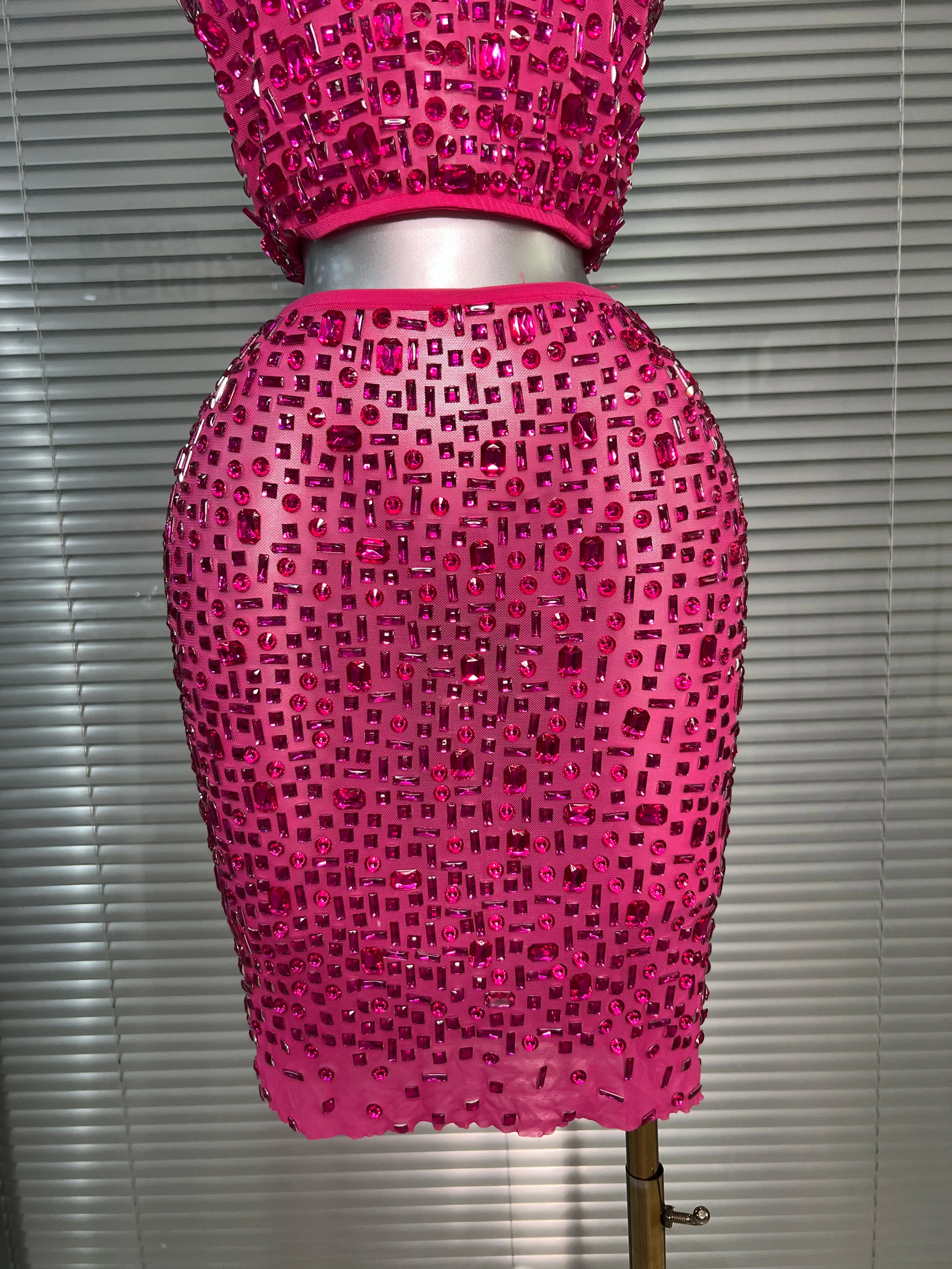 Women Sexy Two Pieces Set Women Hot Pink Crystal Diamond Night Club Skirt Suits Singer Dancer See Through Stage Costume