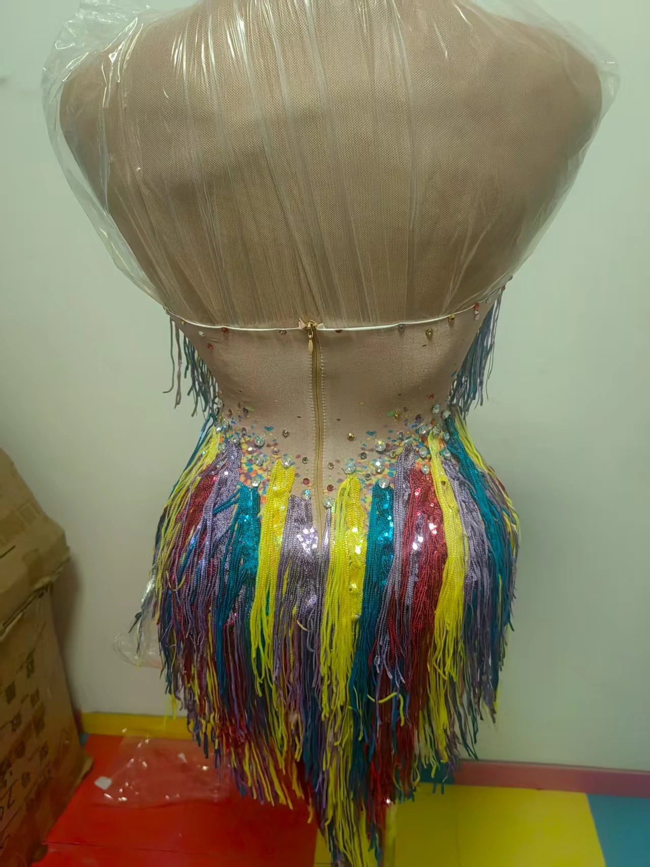 Color Stripe Tassel Tight Fitting Sexy Bodysuit Rhinestone Crystals Fancy Dancer Wear Ladies Latin Dance Team Outfits Xinwucai