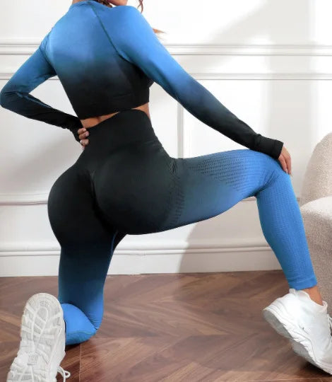 Women Yoga 2 Pieces Workout Outfits Seamless High Waist Leggings Sports Crop Top Running Clothes Sets blue